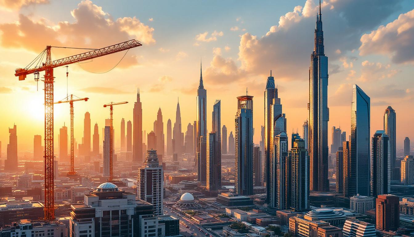 Dubai skyline with construction cranes at sunset highlighting real estate boom for UAE Daily News Roundup 6 August 2025