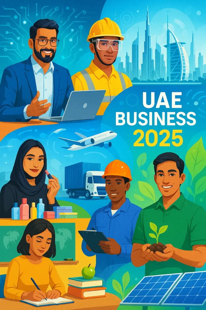 Illustrated collage of UAE 2025 business trends showing consultants with laptop, logistics and aviation, construction safety, education, beauty retail, and sustainability with solar panel and plant in Dubai skyline.