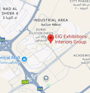 Map showing the location of Exhibition Interiors Group (EIG) in Dubai Silicon Oasis, Dubai, UAE, marked with a red heart icon near Central Mall and key highways E66 and D54.