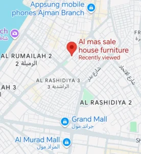 Ajman furniture store map showing Al Mas Sale House Furniture in Al Rashidiya near Grand Mall