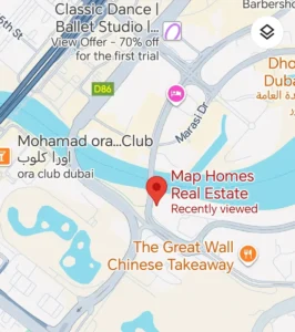 Dubai map showing Map Homes Real Estate on Marasi Drive near The Great Wall Chinese Takeaway and Ora Club
