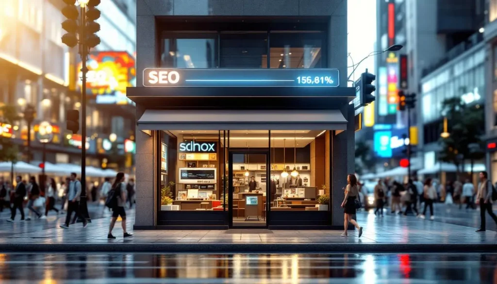 Modern Dubai storefront with SEO signage, showing high growth percentage and vibrant city street, symbolising increased business visibility
