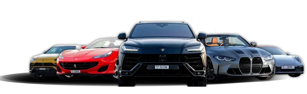 Silverstone Rent A Car fleet featuring luxury models like Lamborghini Urus, Ferrari Portofino, BMW M4, and Porsche 911, available for rent in Dubai, UAE.