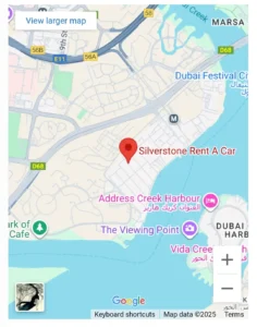 Location map of Silverstone Rent A Car in Dubai Creek Harbour, near The Viewing Point and Address Creek Harbour, offering luxury car rental services in Dubai, UAE.