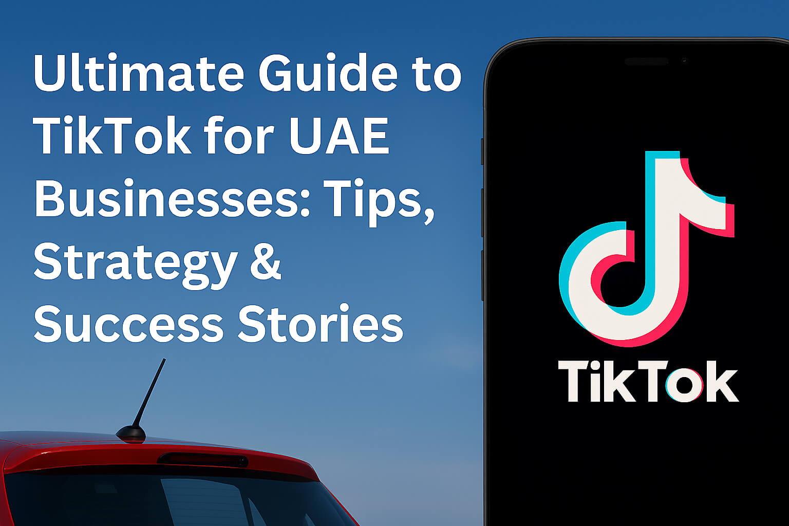 TikTok logo on smartphone with Dubai sky, promoting TikTok marketing guide for UAE businesses