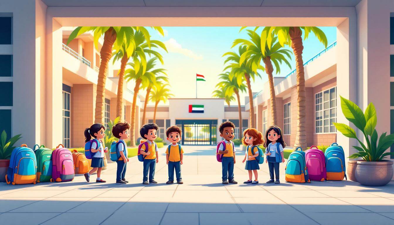 Diverse group of UAE students in school uniforms with colourful backpacks at a modern school entrance, ready for a new school year—Top 10 Tips for Parents to Prepare Kids for a New School Year in the UAE