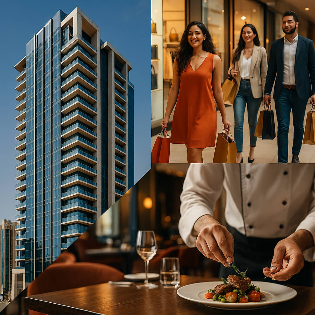 Collage showing a modern Dubai high‑rise, happy shoppers with bags in a luxury mall, and a chef plating fine‑dining cuisine, representing UAE real estate, retail, and hospitality success in 2025