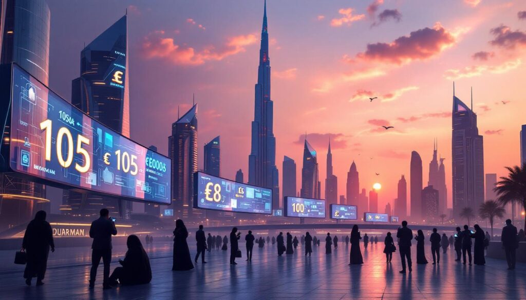 Futuristic Dubai skyline at sunrise with digital currency screens and people using mobile payments – UAE Daily News Roundup 1 August 2025