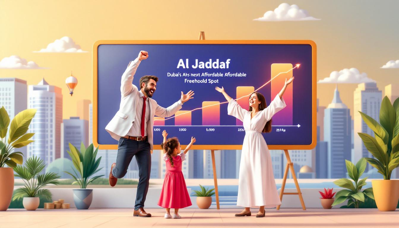 Illustration for UAE Daily News Roundup 17 August 2025 showing a family and businessperson celebrating in front of a digital board highlighting Al Jaddaf as Dubai’s next affordable freehold spot