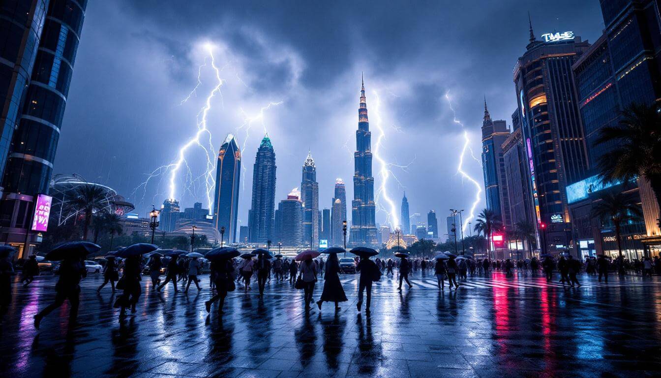 UAE Daily News Roundup 19 August 2025 – People crossing a wet urban Dubai street as lightning strikes during a dramatic thunderstorm