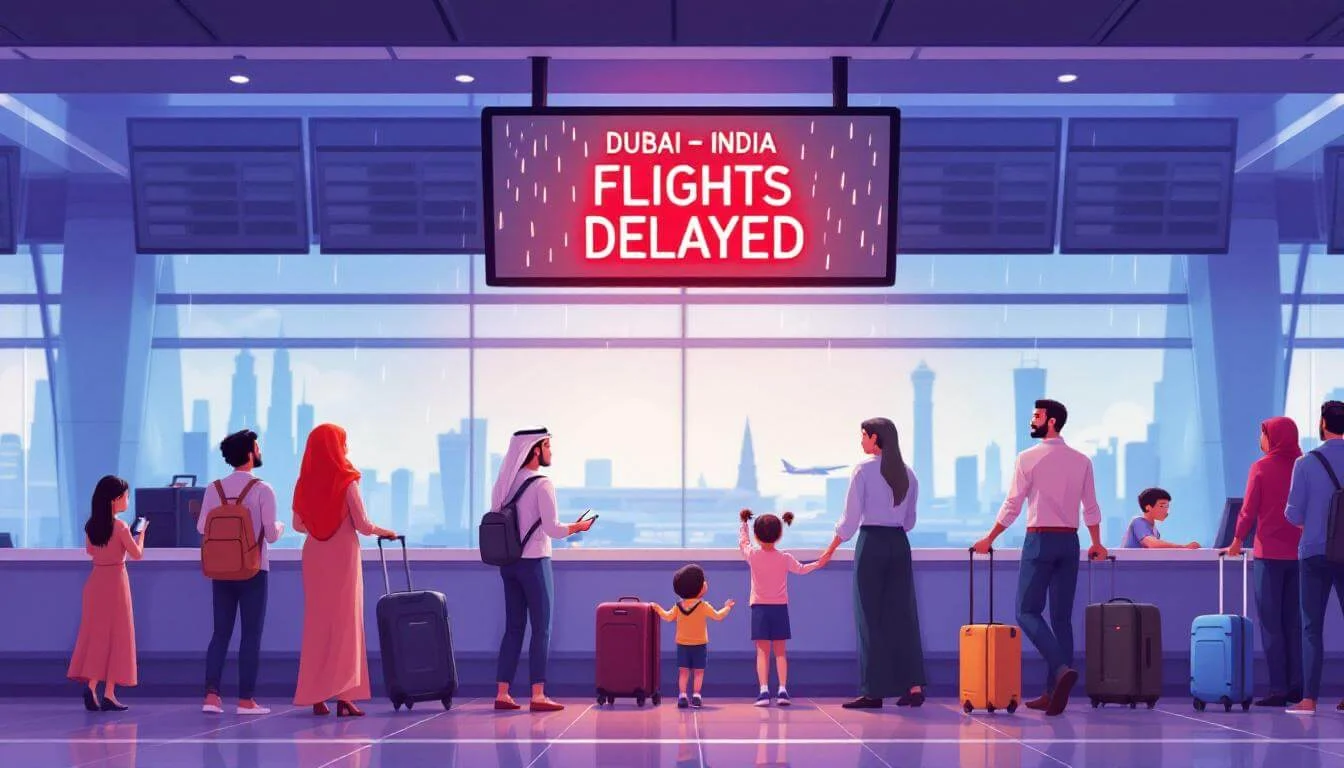 Travellers at Dubai airport departures hall checking Dubai–India flight status with “Flights Delayed” alerts on 20 August 2025, rainy monsoon disruption shown on displays — UAE Daily News Roundup 20 August 2025