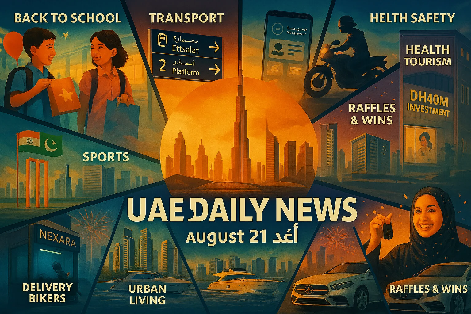 UAE Daily News Roundup 21 August 2025 featured image showing back-to-school, transport, health safety, raffles and wins, sports, urban living, and Dubai skyline