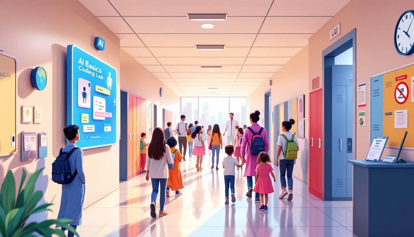 UAE Daily News Roundup 23 August 2025 featured image showing students in a UAE school corridor exploring an AI lesson, a no-phones-in-class notice, and inclusive cultural cues