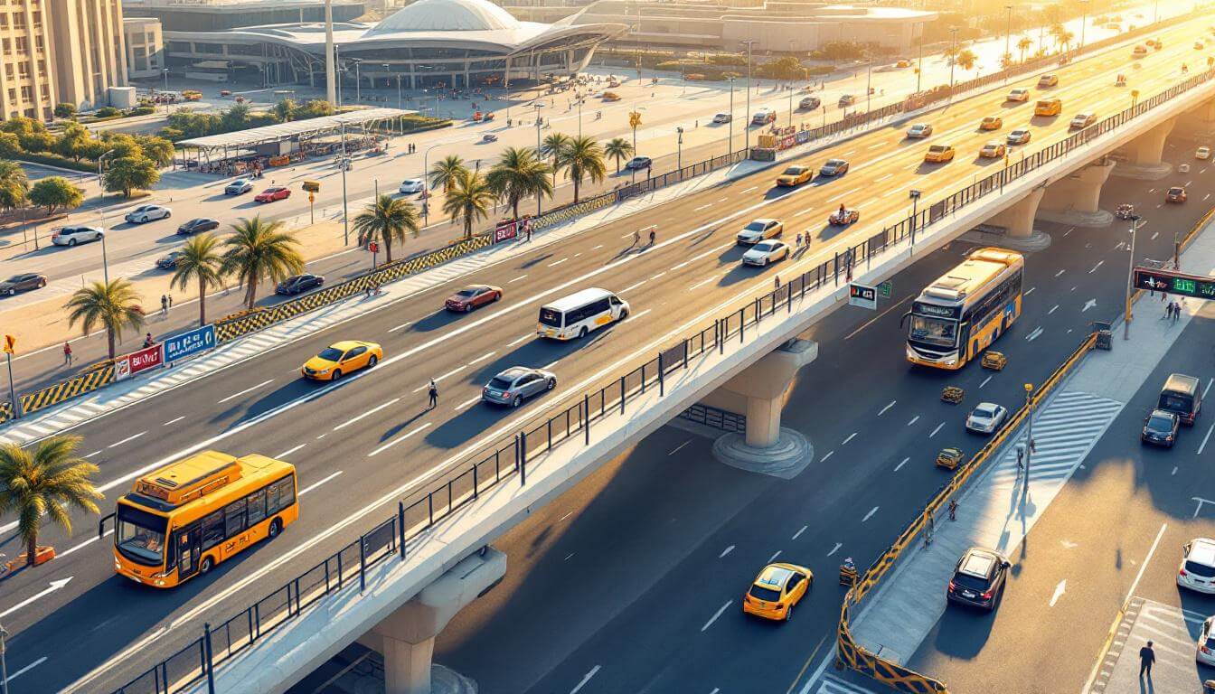 UAE Daily News Roundup 24 August 2025 illustration showing the expanded bridge to Dubai Airport Terminal 1 with smart traffic systems, taxis, buses, and crews finishing works