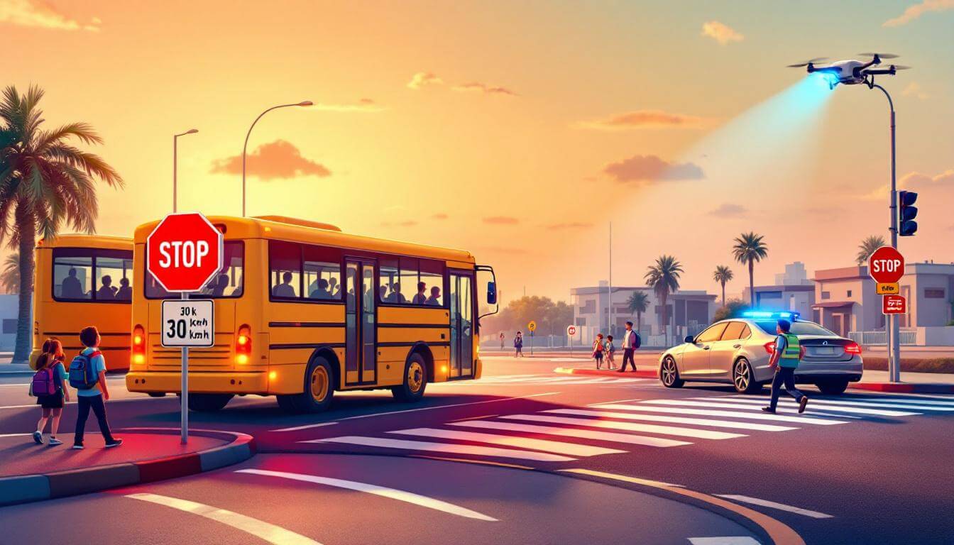 UAE Daily News Roundup 25 August 2025 featured image showing a UAE school bus with stop sign extended in a 30 km/h school zone, driver slowing to 29 km/h, and a police drone monitoring