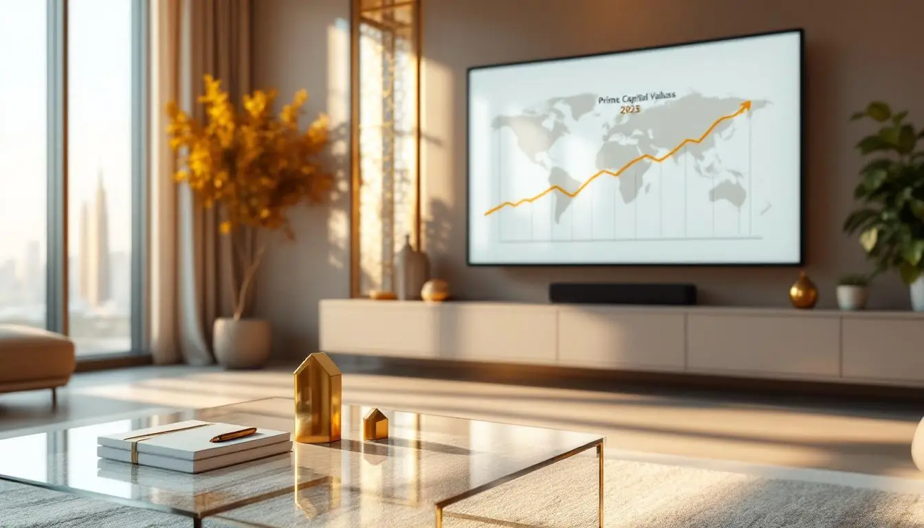 UAE Daily News Roundup 26 August 2025 featured image showing a premium Dubai apartment interior at dawn with an acrylic coffee table, brass house figurine, and a curved display charting rising prime capital values with Dubai highlighted