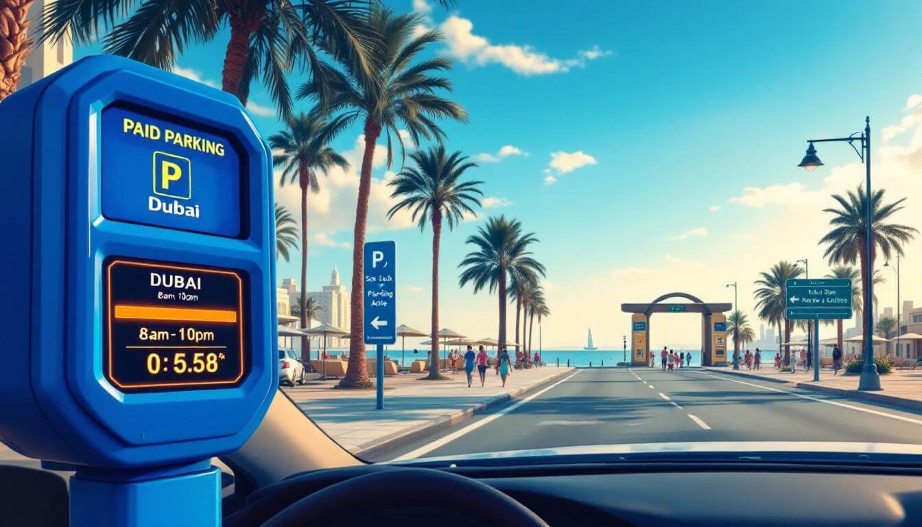 UAE Daily News Roundup 31 August 2025 featured image showing JBR The Beach with a blue parking meter, NFC tap waves, a car windscreen UI indicating paid parking active, and a subtle Salik toll gantry by the palm-lined promenade