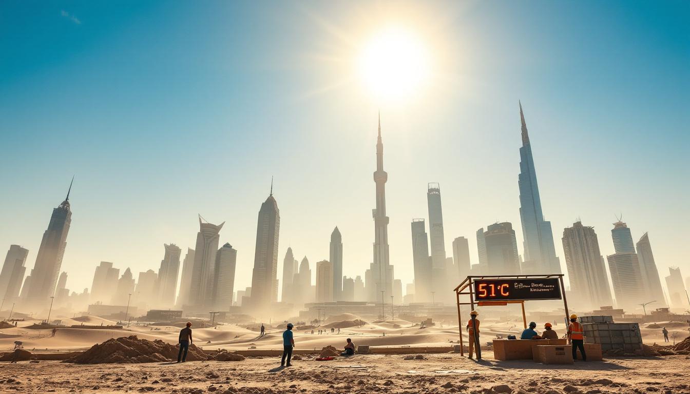 UAE cityscape under record 51°C summer heat on 4th August 2025, with digital temperature sign, skyline, and people seeking shade