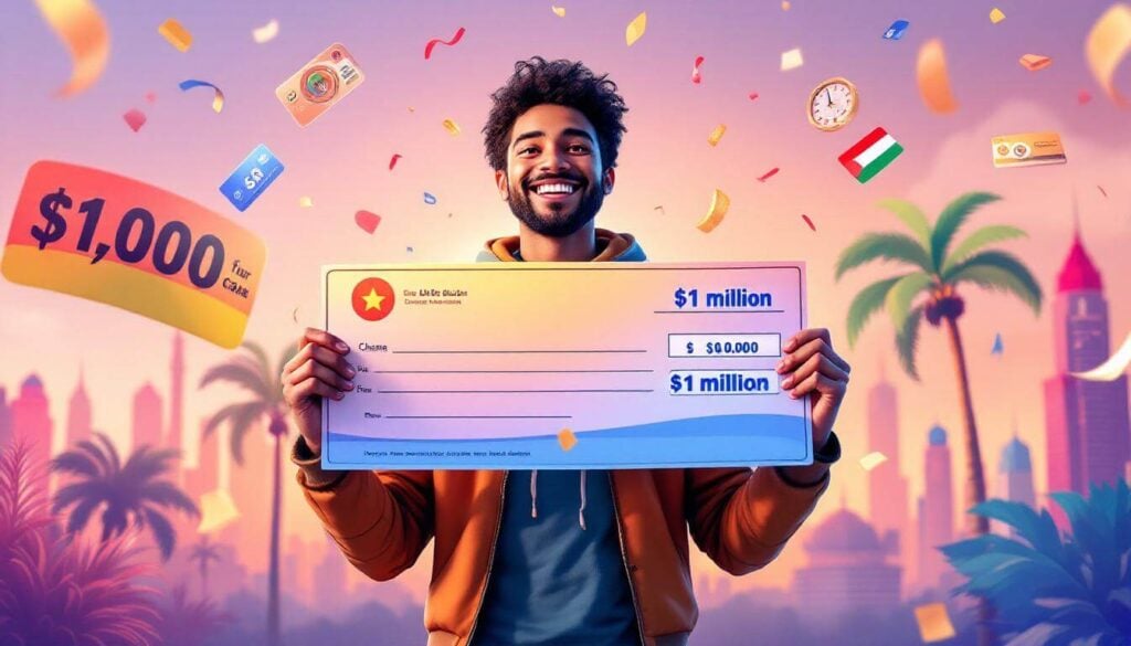 Dubai student celebrating $1 million lottery win with UAE icons, palm trees, and metro cards, surrounded by confetti