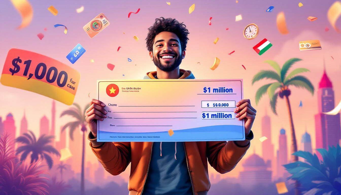 Dubai student celebrating $1 million lottery win with UAE icons, palm trees, and metro cards, surrounded by confetti
