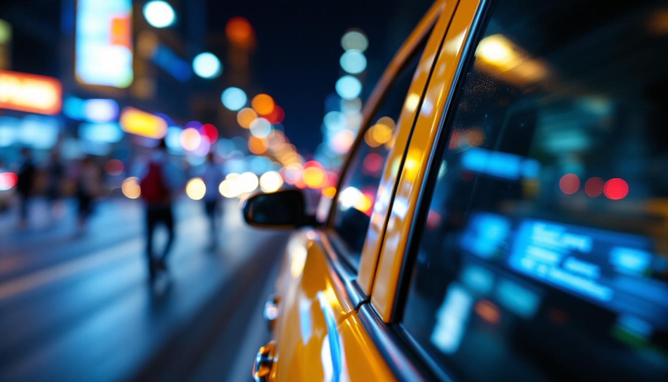 Close-up of taxi meter and yellow door in Dubai, city lights and commuters in background, symbolising record taxi rides – UAE Daily News Roundup August 12th 2025