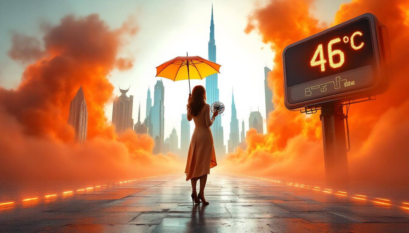UAE Daily News Roundup August 14th 2025: Businesswoman adapts to Dubai’s extreme heatwave, standing with umbrella and portable fan in a shimmering, futuristic city, as temperatures reach 46°C.