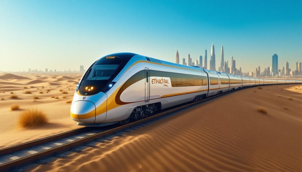 Etihad Rail passenger train travelling through UAE desert with skyline, featured in 2 August 2025 news roundup