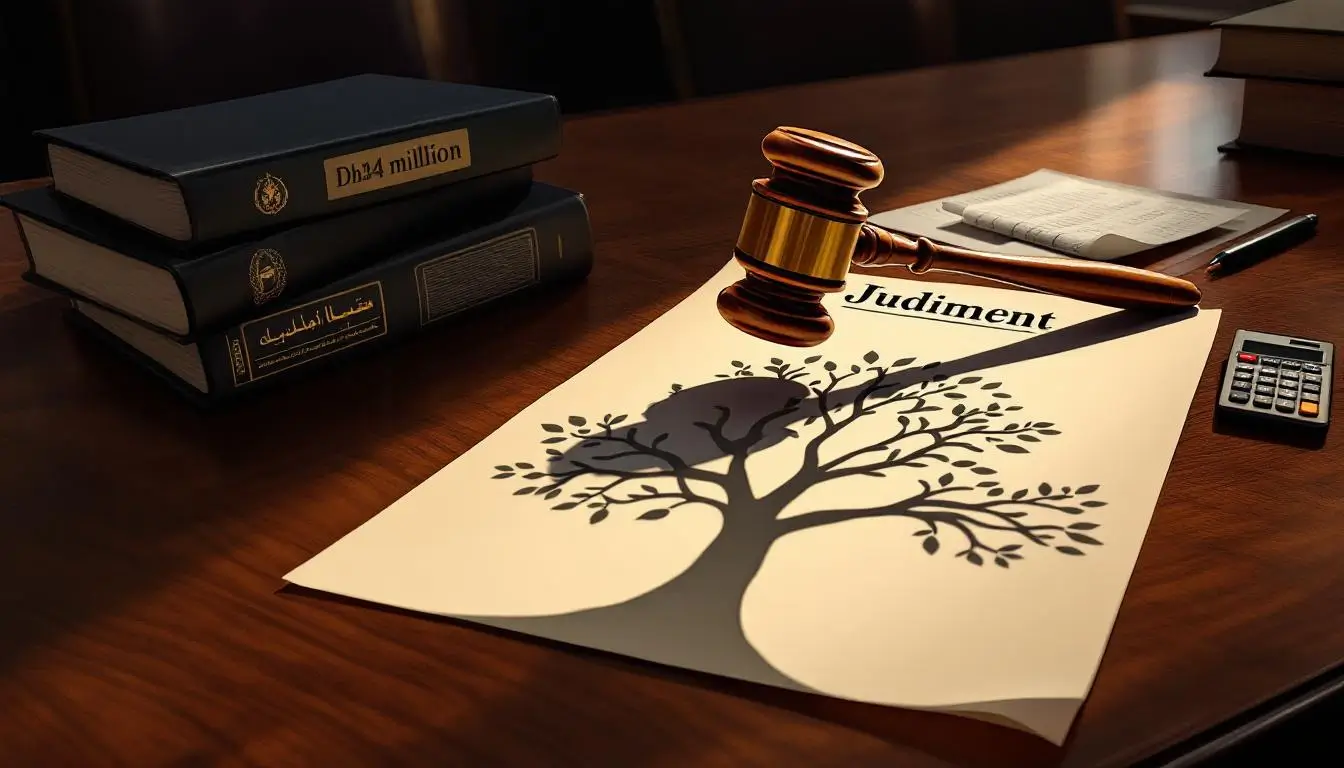 UAE Daily News Roundup 27 August 2025 editorial image of a courtroom tabletop still-life with an agal on a Judgment-stamped will, a judge’s gavel casting a pruned family-tree shadow, legal binders, and receipt tape totalling 34,000,000 AED, representing a Dubai court inheritance ruling