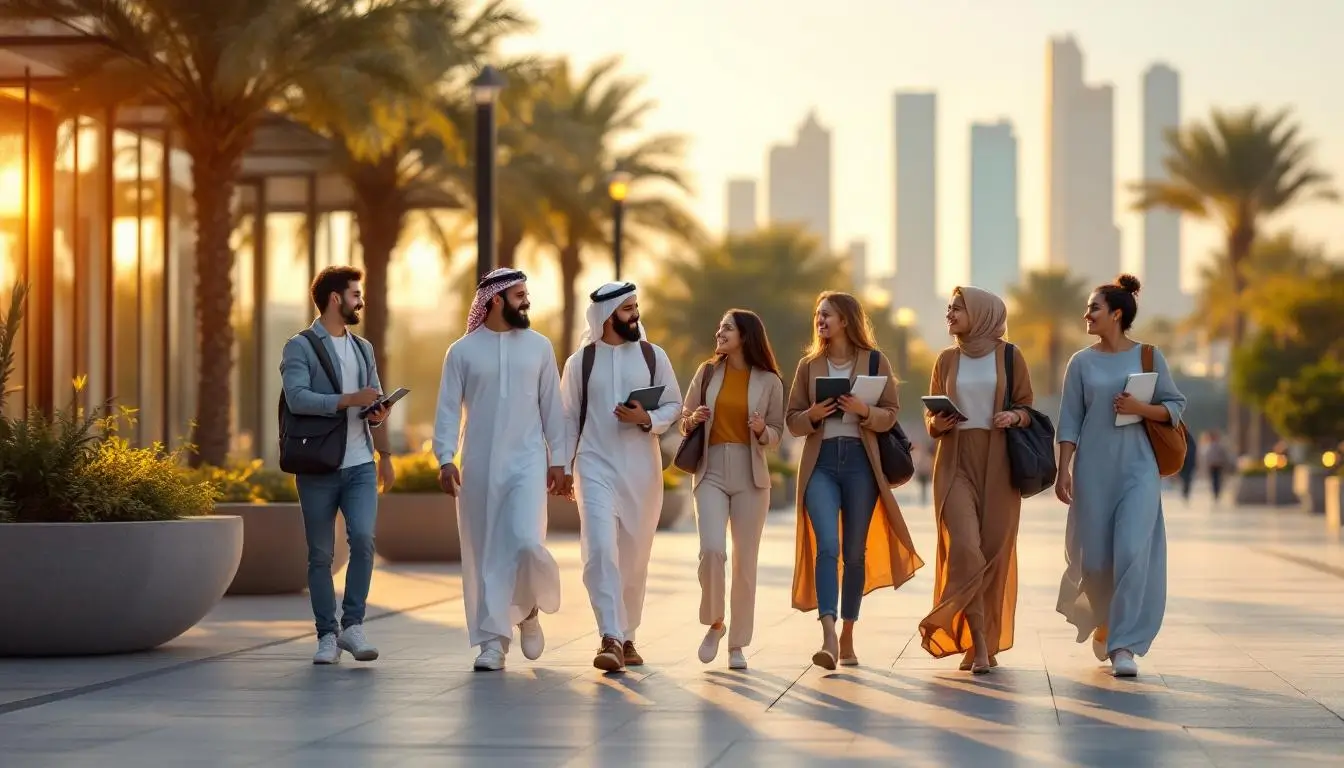 Diverse university students walking and talking on a modern UAE campus plaza at golden hour, with palm trees, glass buildings, and space on the left for headline text