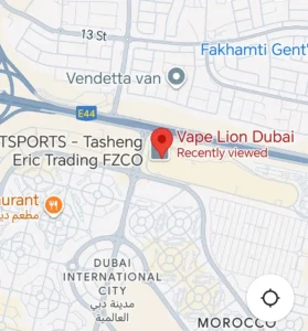 Map showing the Vape Lion Dubai store location in Dubai International City, marked with a red pin near Dragon Mart 1 and E44 highway.