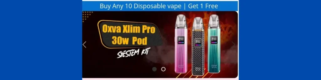 Promotional image for Vape Lion Dubai featuring the Oxva Xlim Pro 30W Pod System in pink and teal, with a buy 10 get 1 free disposable vape offer, set against a fiery background.