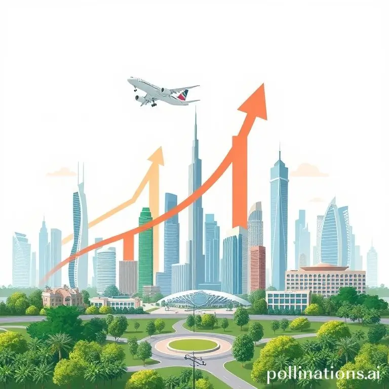 a stylised cityscape collage of dubai and abu dhabi with upward market arrows aircraft taking off