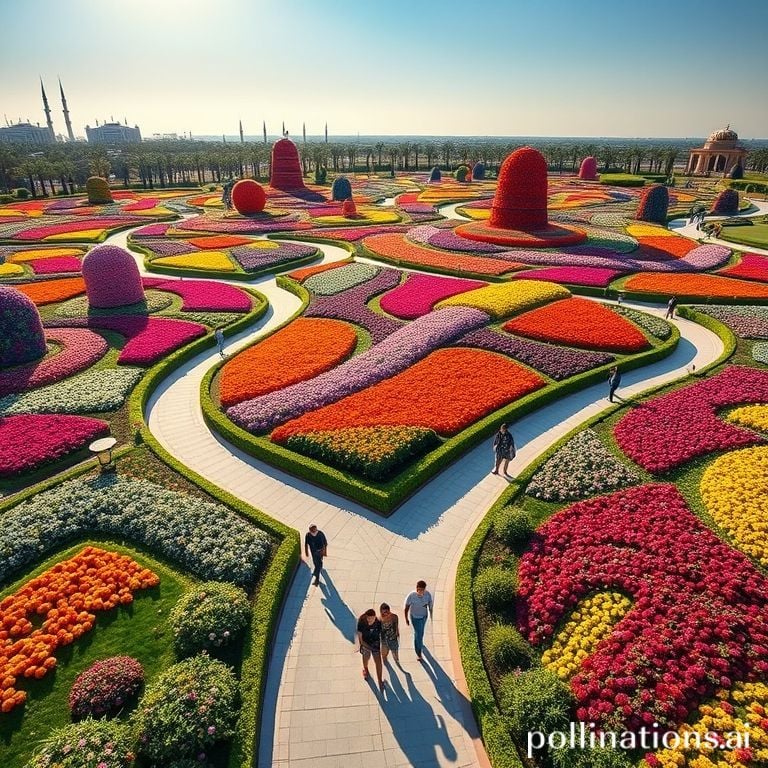 Aerial view of Dubai Miracle Garden in full bloom with colourful floral installations, curved walkways, and families strolling; bright sky, vivid petals, and lush greenery. Image created with AI.