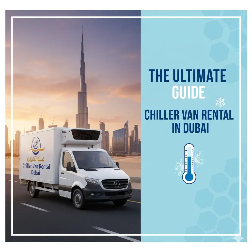 A white chiller van with "Chiller Van Rental Dubai" branding driving on a road with the Burj Khalifa and Dubai skyline in the background, alongside a blue section with the text "The Ultimate Guide to Chiller Van Rental in Dubai" and a snowflake thermometer icon.