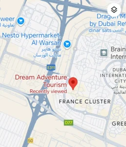 Map showing Dream Adventure Tourism location at France Cluster in Dubai International City near Nesto Hypermarket and Dragon Mart