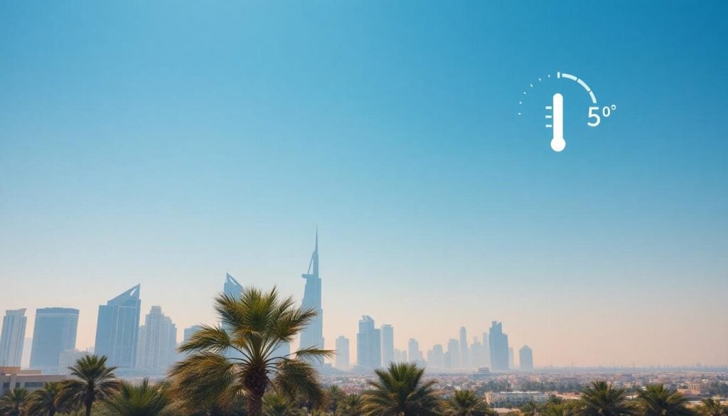 dubai midday cityscape clear sky palm trees weather icons
