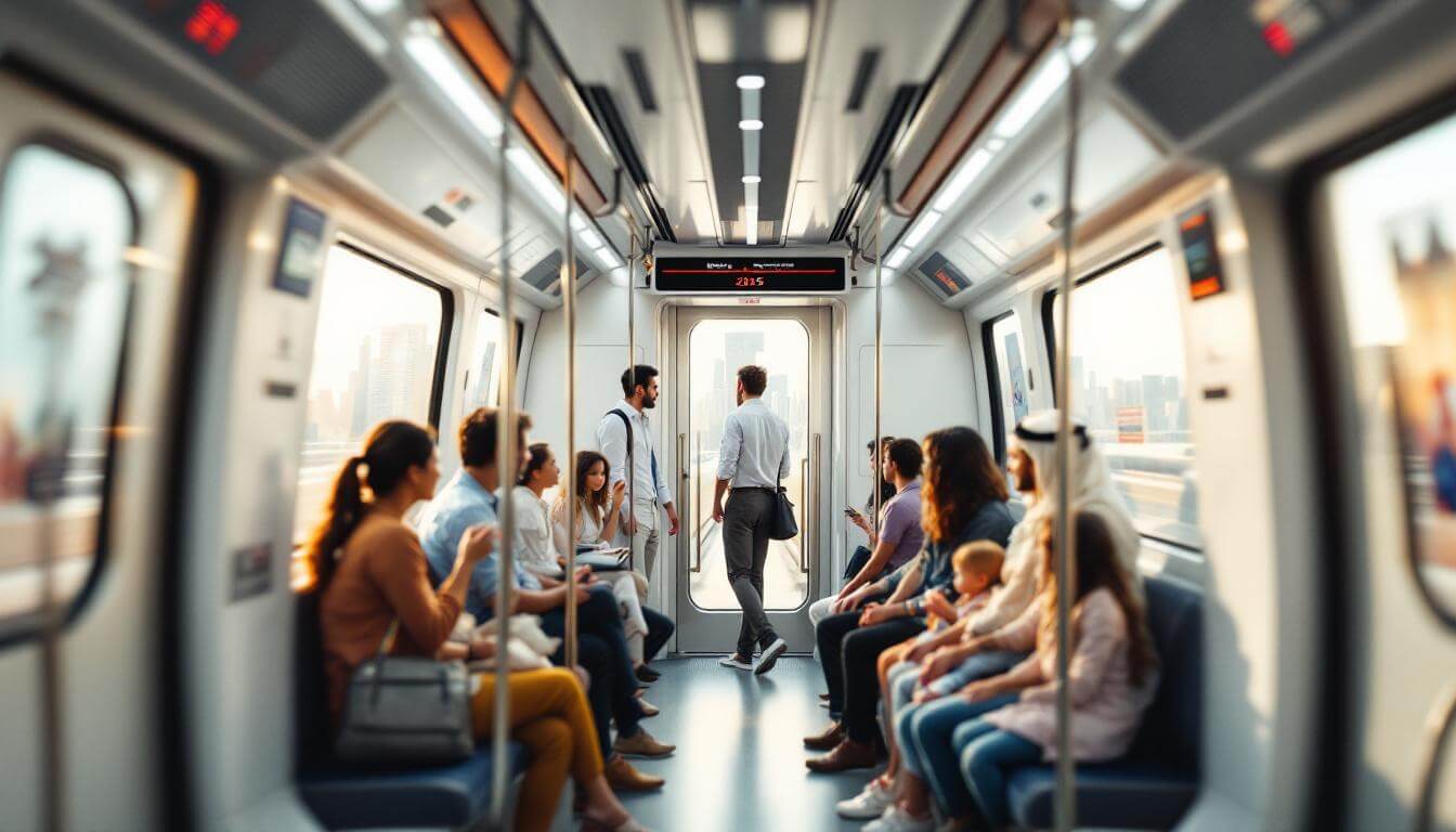 Commuters inside a Dubai Red Line Metro carriage with route map signage and motion blur outside the windows.