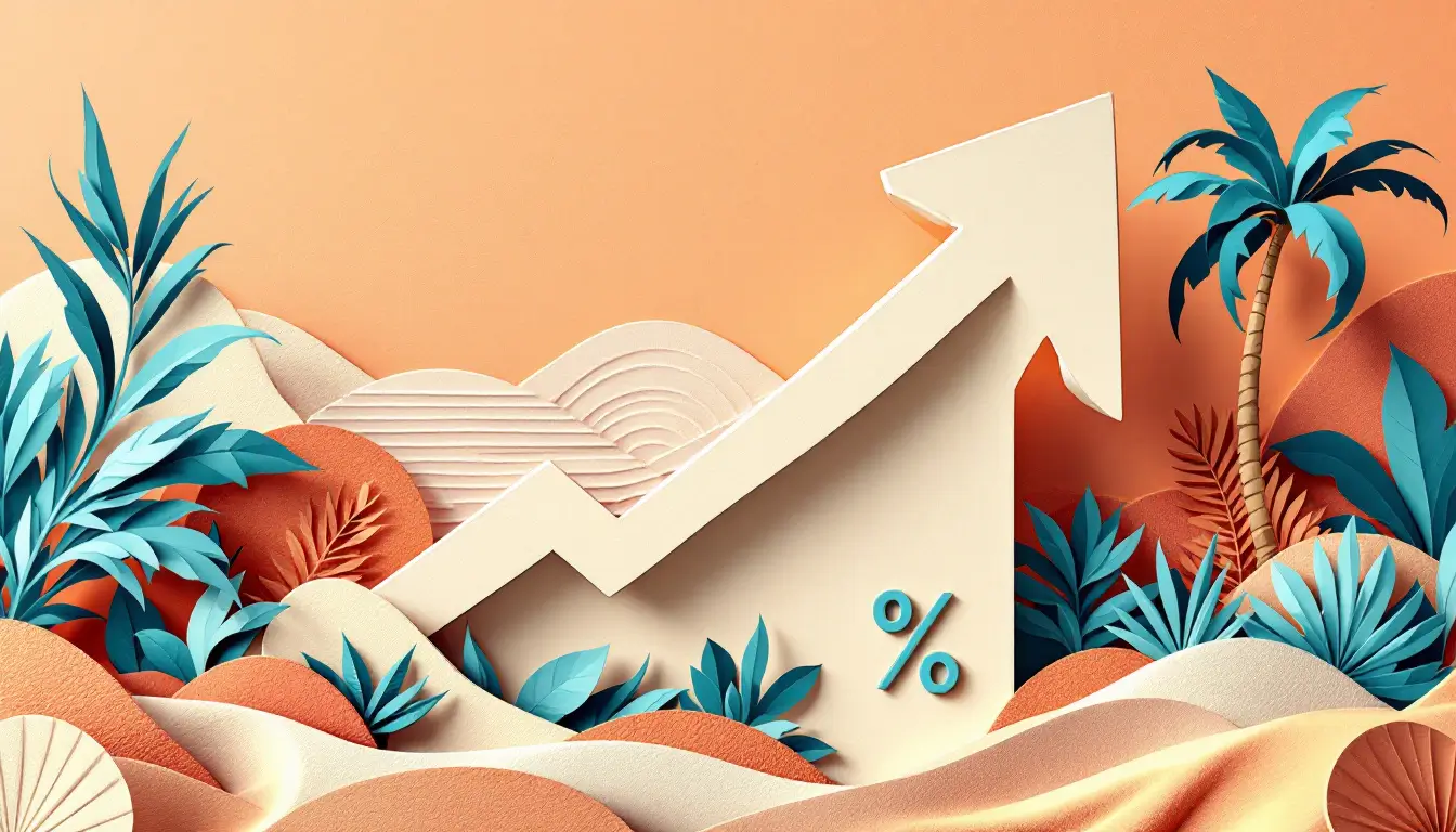 Editorial illustration of a villa-shaped for-sale sign whose roof becomes an upward arrow, with layered paper-cut motifs of palm fronds, tiled roofs, and waterfront ripples in a warm desert sunset palette, symbolizing Dubai villa price growth.