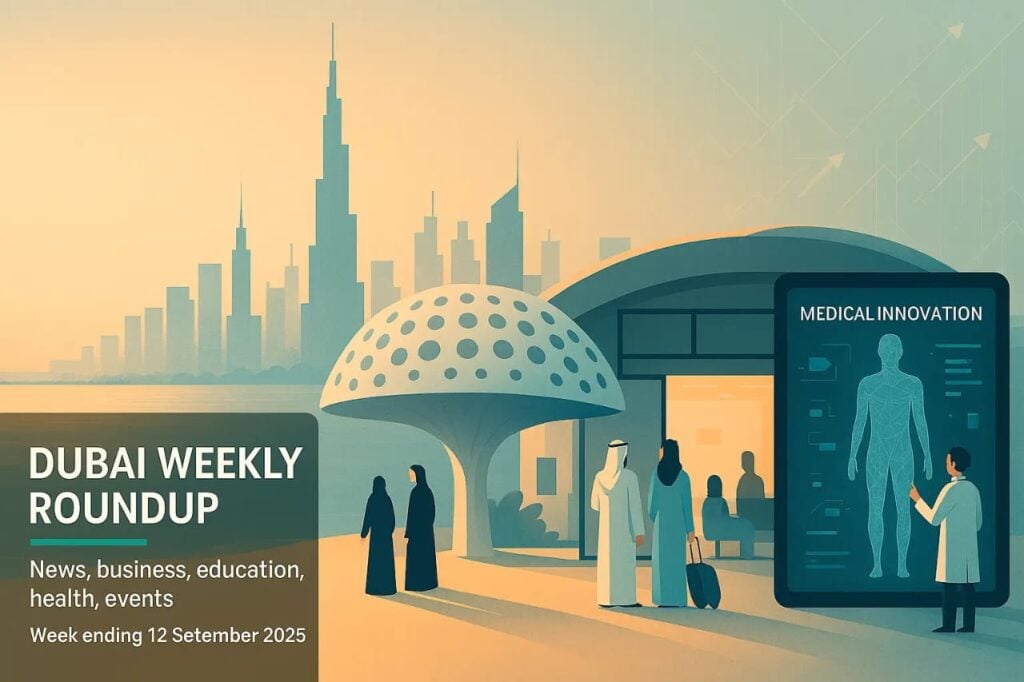 Illustrated Dubai skyline with commuters near a transit hub and a medical innovation display