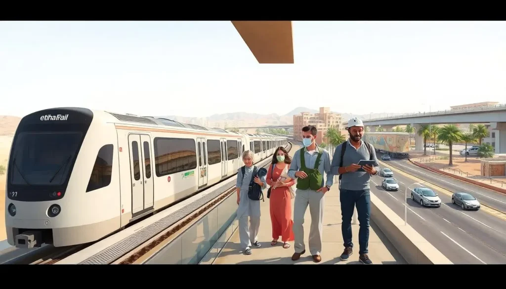 UAE Daily News Roundup 11th September featured image showing a modern Etihad Rail train arriving at an elevated station with commuters, an Ajman family, and new transit‑oriented neighbourhoods forming around the hub