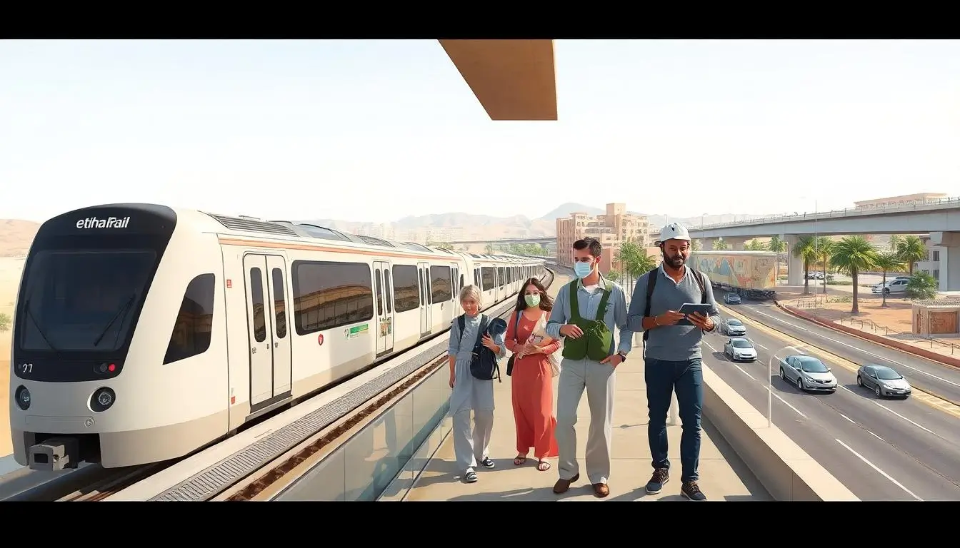 UAE Daily News Roundup 11th September featured image showing a modern Etihad Rail train arriving at an elevated station with commuters, an Ajman family, and new transit‑oriented neighbourhoods forming around the hub
