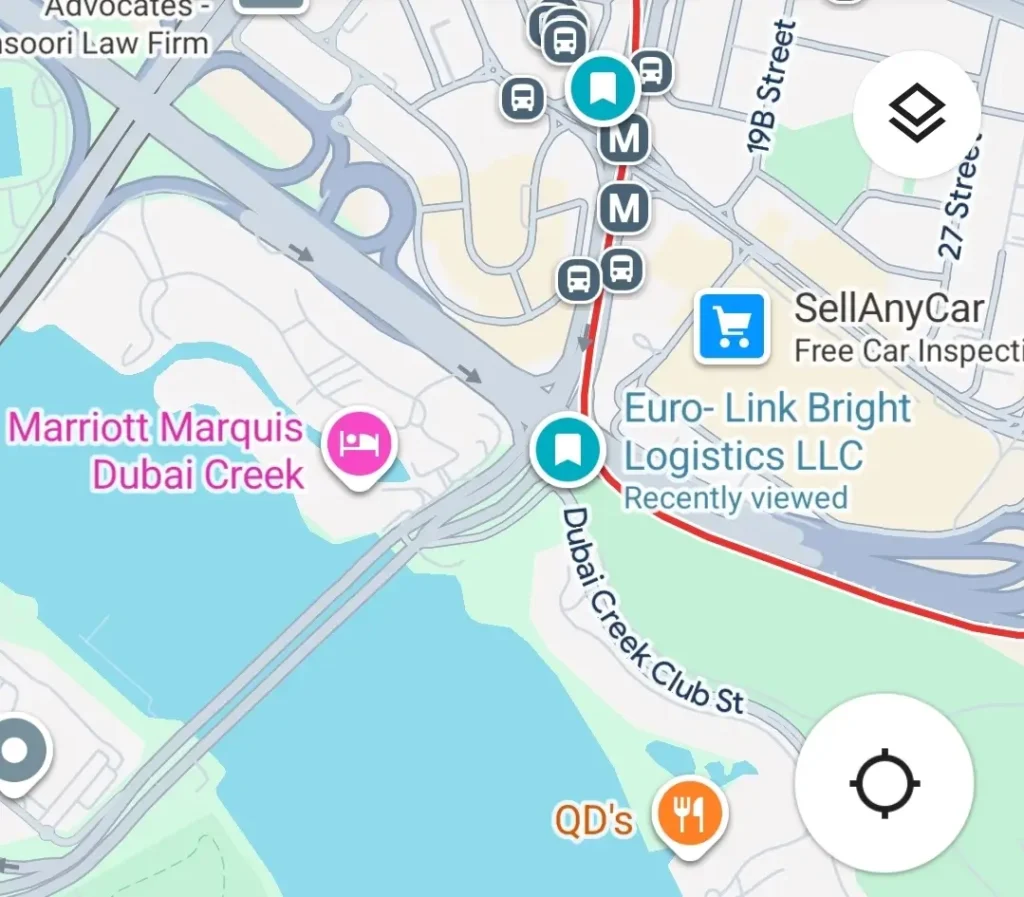 Map location of Euro-Link Bright Logistics LLC near Dubai Creek, close to Marriott Marquis Dubai Creek.