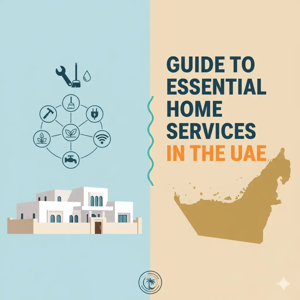 Illustration of a UAE villa with service icons (plumbing, electrical, HVAC, cleaning, pest control, smart home) and a UAE map with the text “Guide to Essential Home Services in the UAE”