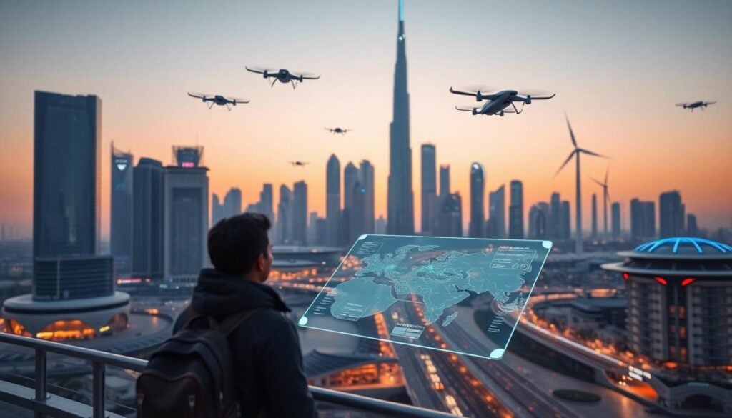 futuristic dubai cityscape air taxis holographic map