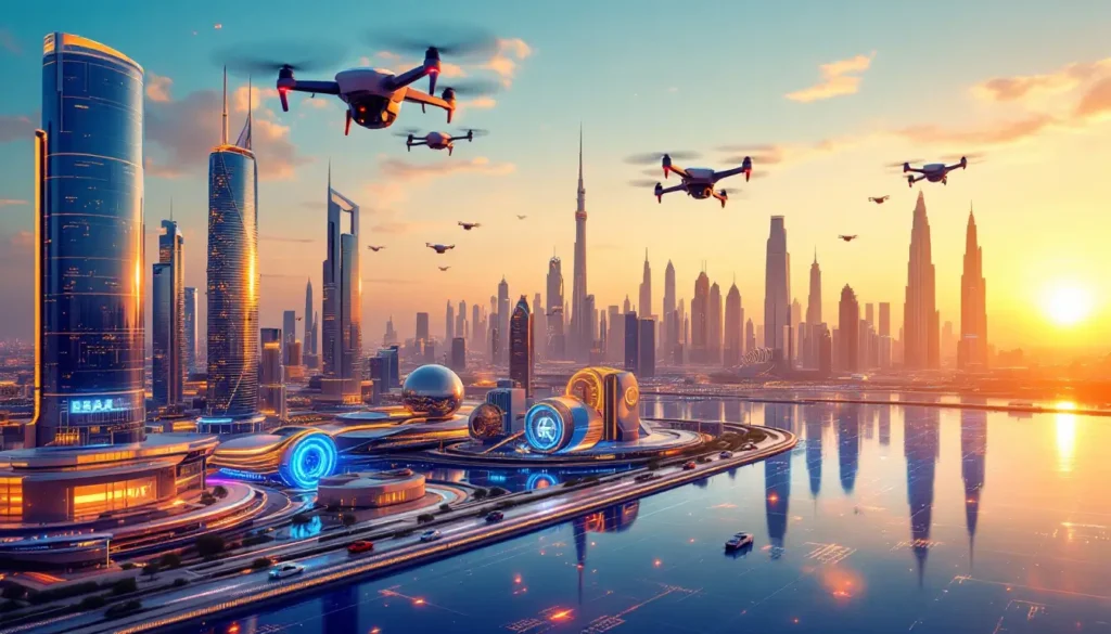futuristic uae cityscape drones electric cars ai