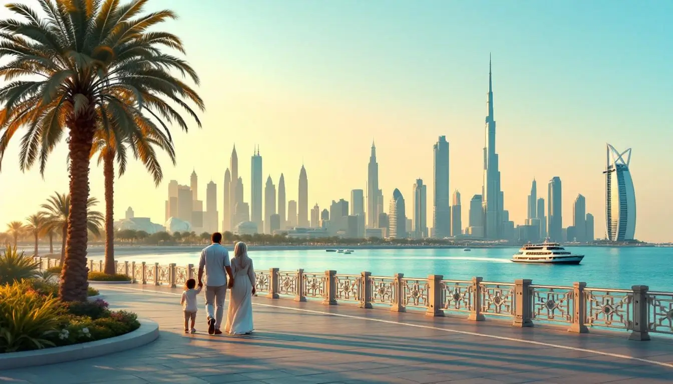 Abu Dhabi skyline at golden hour viewed from the Corniche, with palm-lined promenade and expat families walking