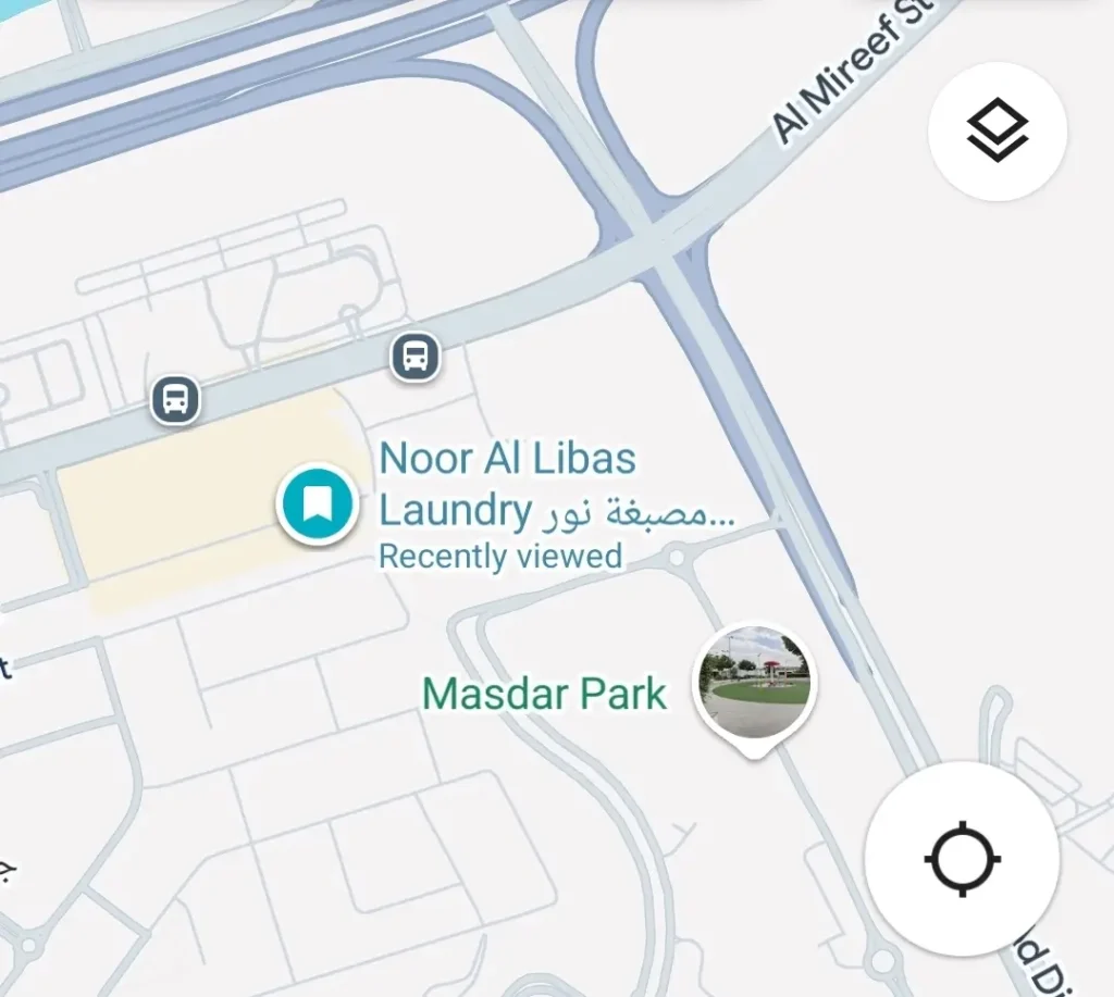Map showing the location of Noor Al Libas Laundry in Khalifa City, Abu Dhabi near Masdar Park and Al Mireef Street.
