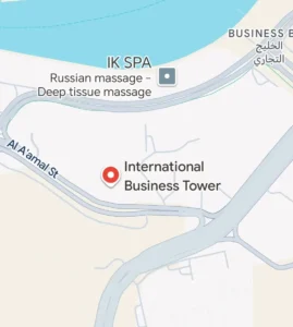 Map showing Penguin Real Estate office location at International Business Tower, Al A’amal Street, Business Bay, Dubai