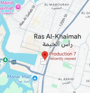 Map showing the location of Production 7 event management company in Ras Al Khaimah, UAE, near Manar Mall.