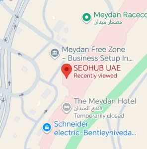 Map showing SEOHUB UAE digital marketing agency located in Meydan Free Zone near The Meydan Hotel, Dubai